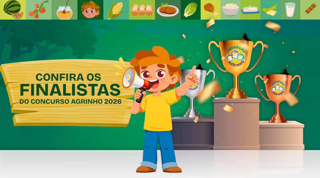 Arte do Programa Agrinho com um menino de megafone, troféus num pódio e o aviso dos finalistas do Concurso Agrinho 2026
