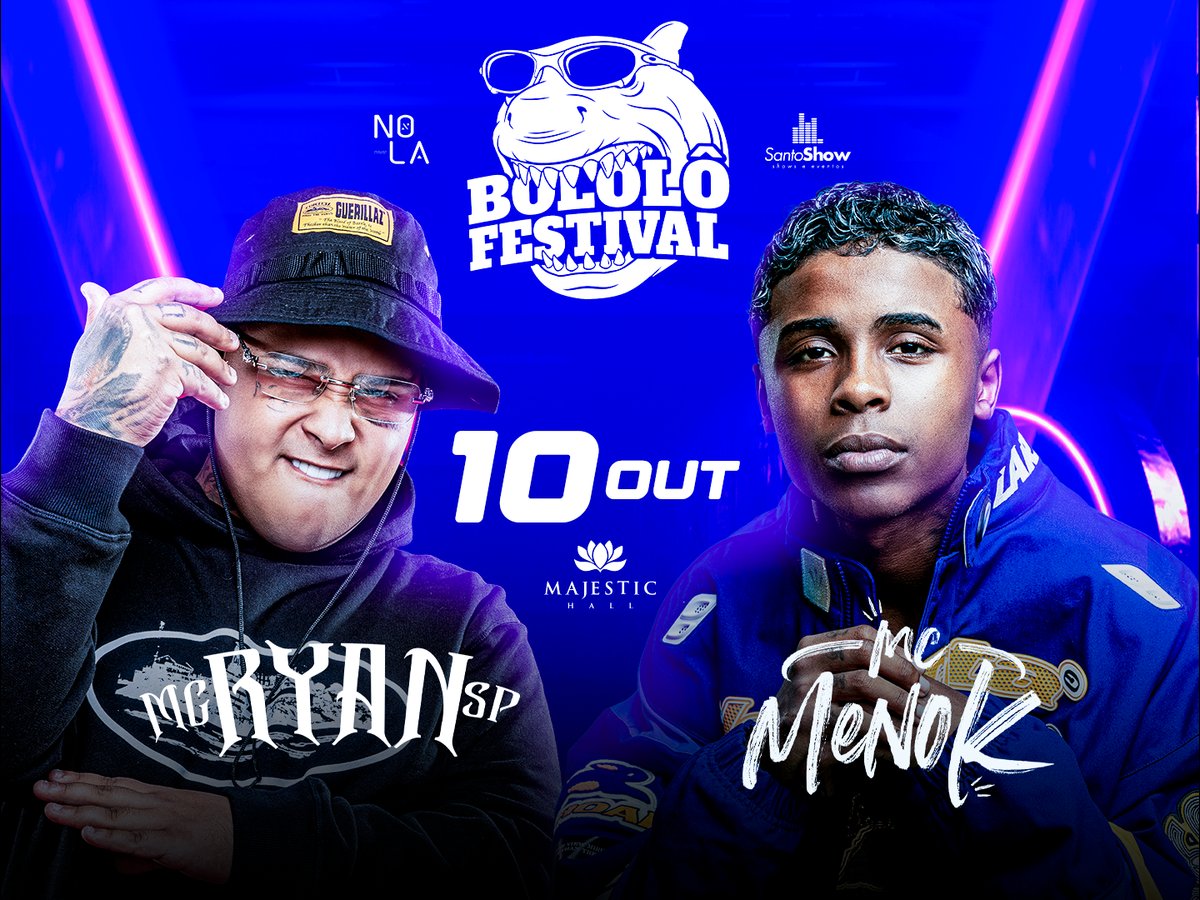 Arte azul do Bololô Festival com MC Ryan SP de bucket hat e óculos à esquerda e MC Meno K de jaqueta azul à direita, com a data 10 de outubro ao centro