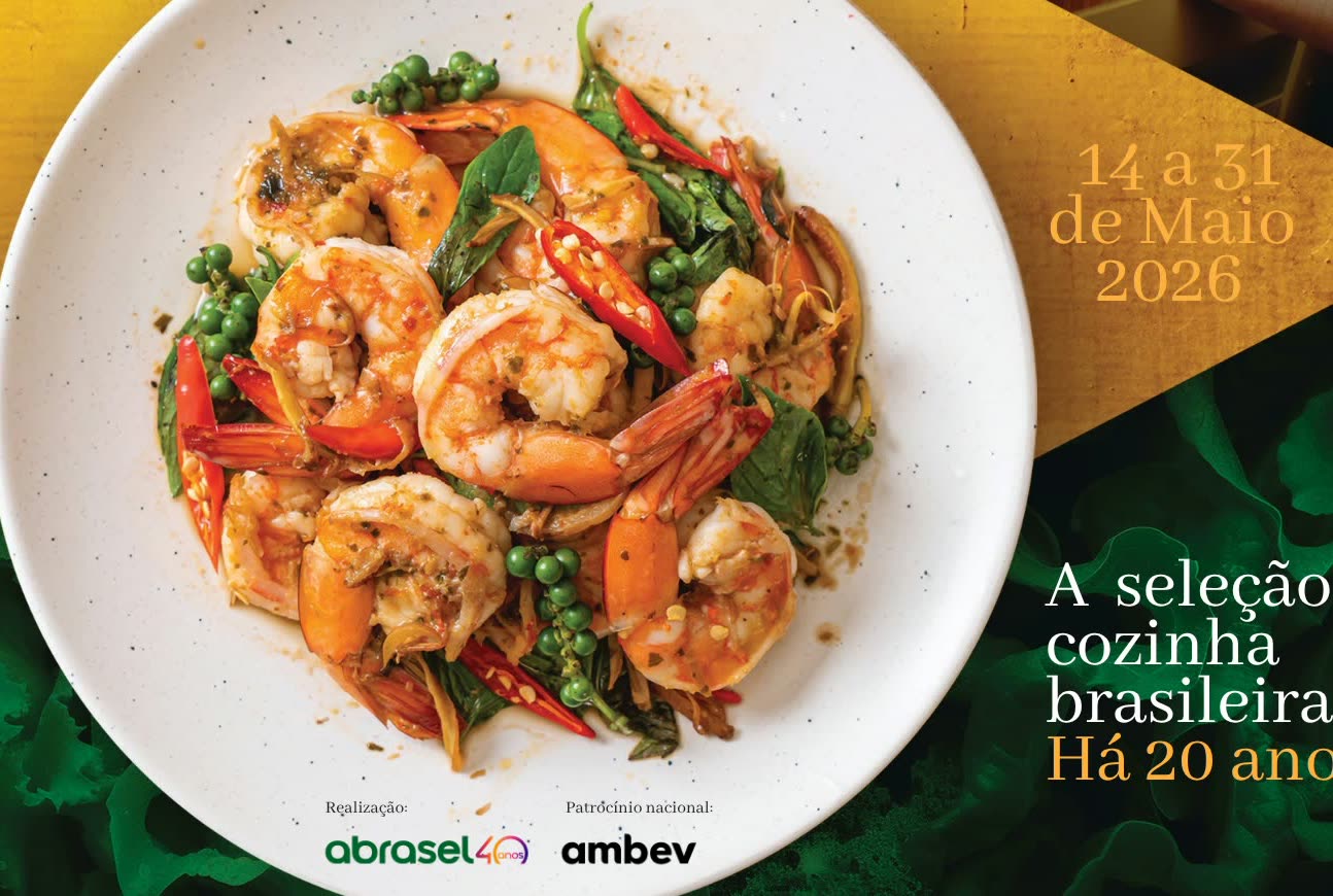 Arte del Brasil Sabor 2026, con plato de camarones y las fechas del festival, del 14 al 31 de mayo