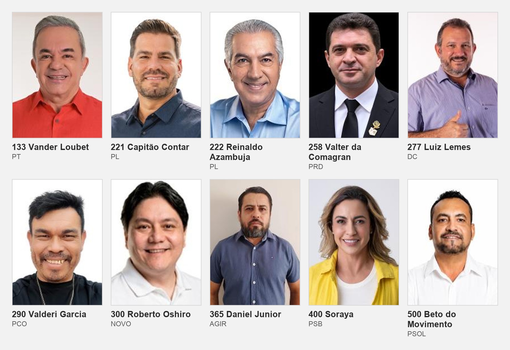 Os dez candidatos ao Senado por Mato Grosso do Sul registrados no TSE, em fotos oficiais de urna, na ordem crescente de número