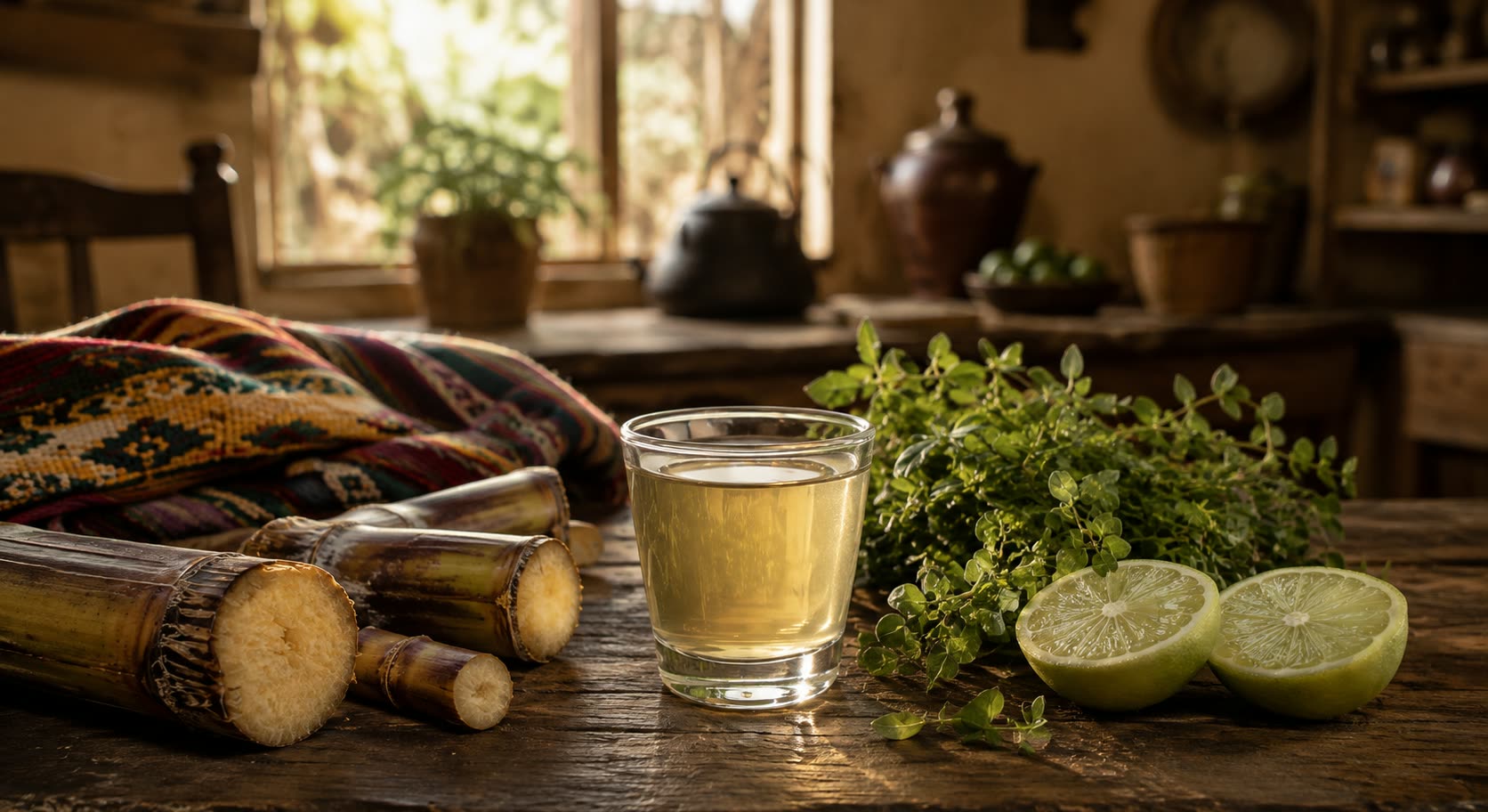 Vaso de caña junto a tallos de caña, ramas de ruda y limones cortados, sobre una mesa de madera