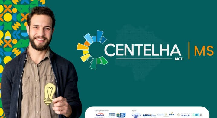 Arte do programa Centelha MS, com um homem segurando uma lâmpada de madeira
