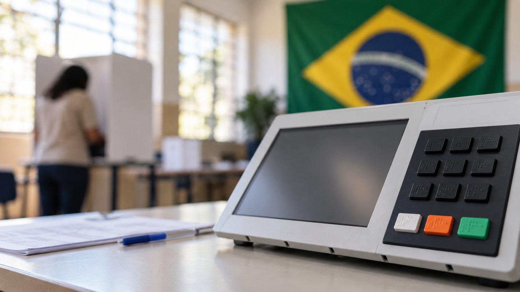 Urna eletrônica em primeiro plano sobre uma mesa, com uma bandeira do Brasil ao fundo e, desfocada, uma pessoa de costas votando em uma cabine branca