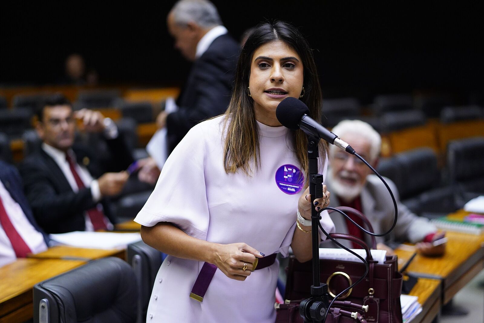 Camila Jara, de vestido lilás, fala ao microfone no plenário da Câmara dos Deputados, com deputados sentados ao fundo