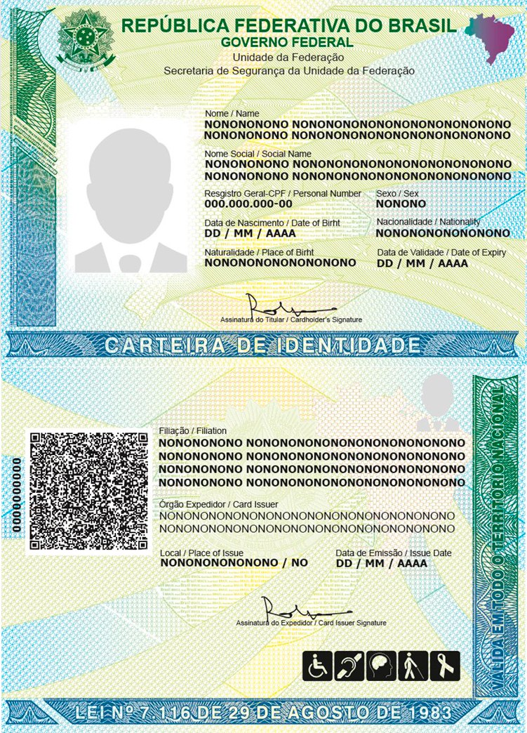 Modelo oficial da Carteira de Identidade Nacional brasileira, frente e verso, com os campos preenchidos por espécime