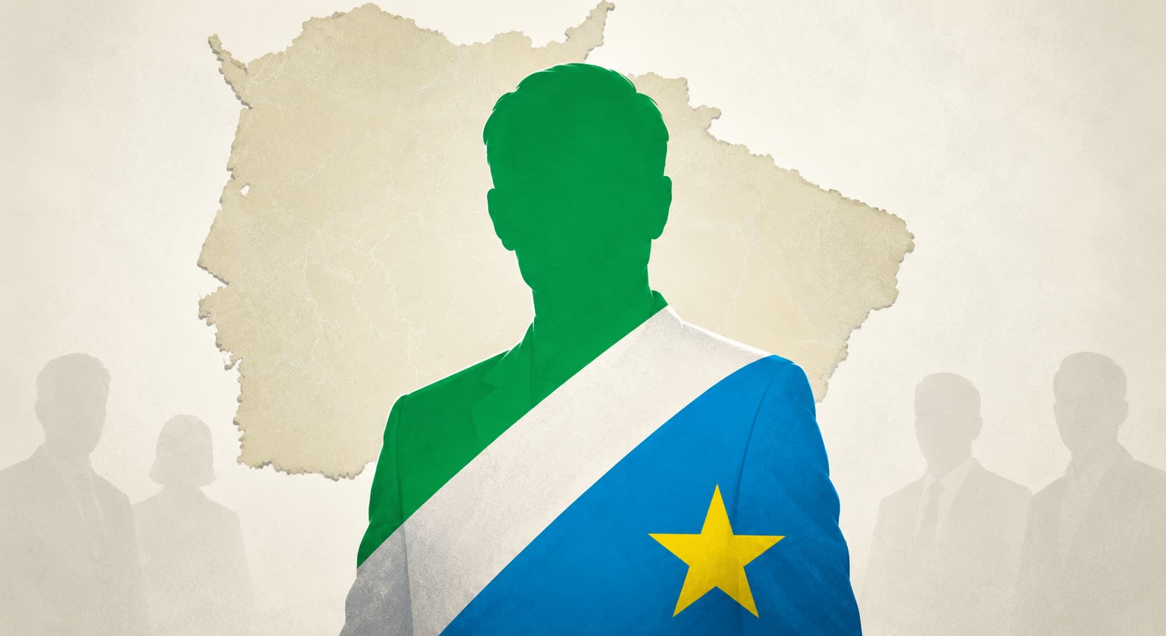 Ilustración de una silueta sin rostro vistiendo la banda con los colores de la bandera de Mato Grosso do Sul, sobre el mapa del estado, con otras siluetas al fondo.
