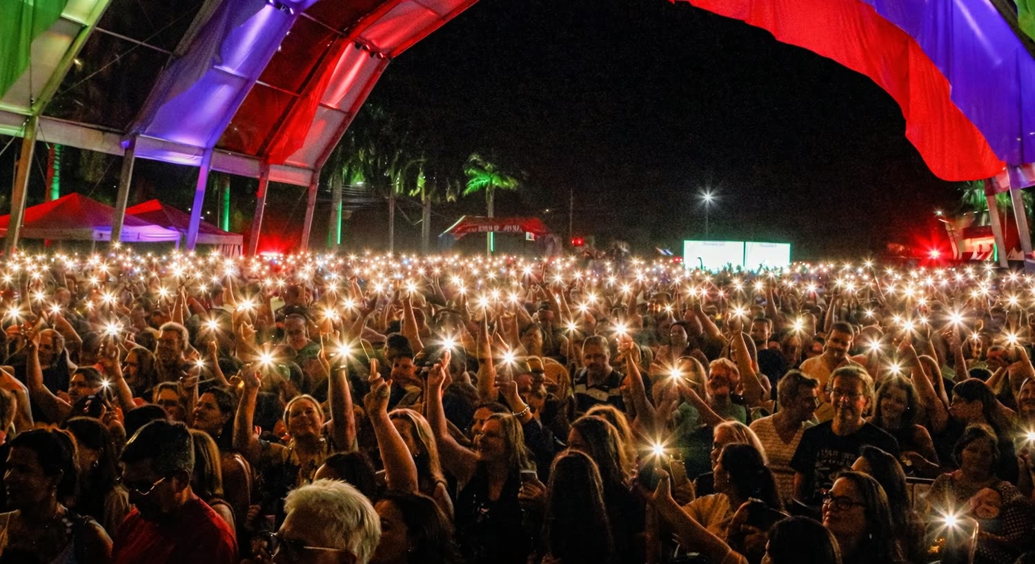 Multidão de braço erguido com celulares acesos em show noturno sob um palco iluminado