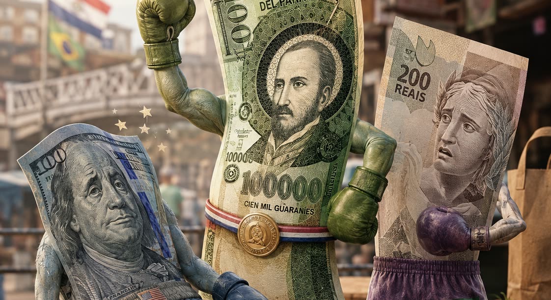 Ilustración de tres billetes de dinero personificados como boxeadores: el guaraní paraguayo con los guantes en alto y cinturón de campeón, el dólar estadounidense caído en el suelo y el real brasileño en posición defensiva, con las banderas de Paraguay y Brasil de fondo