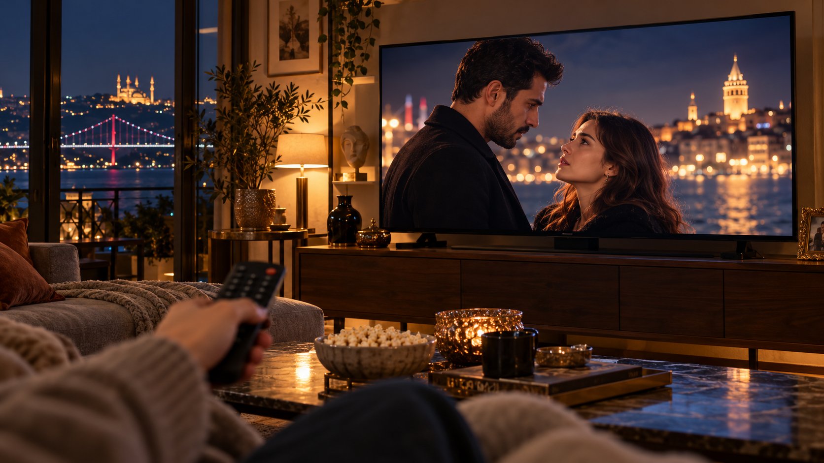 Sala de estar à noite, com uma pessoa segurando o controle remoto diante de uma televisão que exibe um casal em cena de novela, e uma janela com vista para uma ponte iluminada sobre o mar