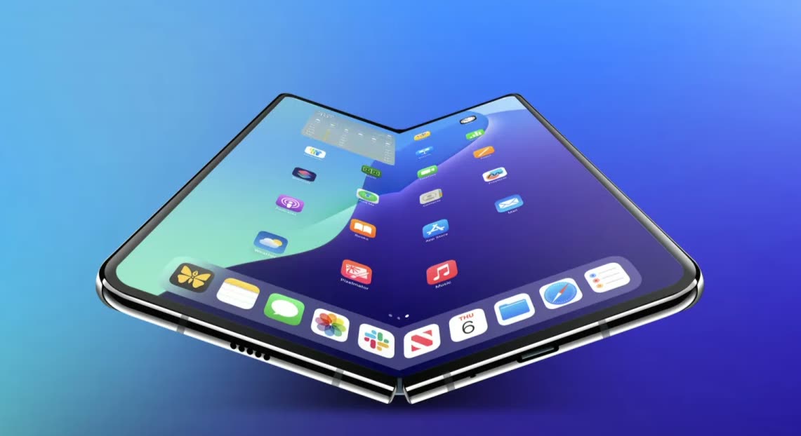 Ilustração de um iPhone dobrável, com a tela flexível fechada ao meio