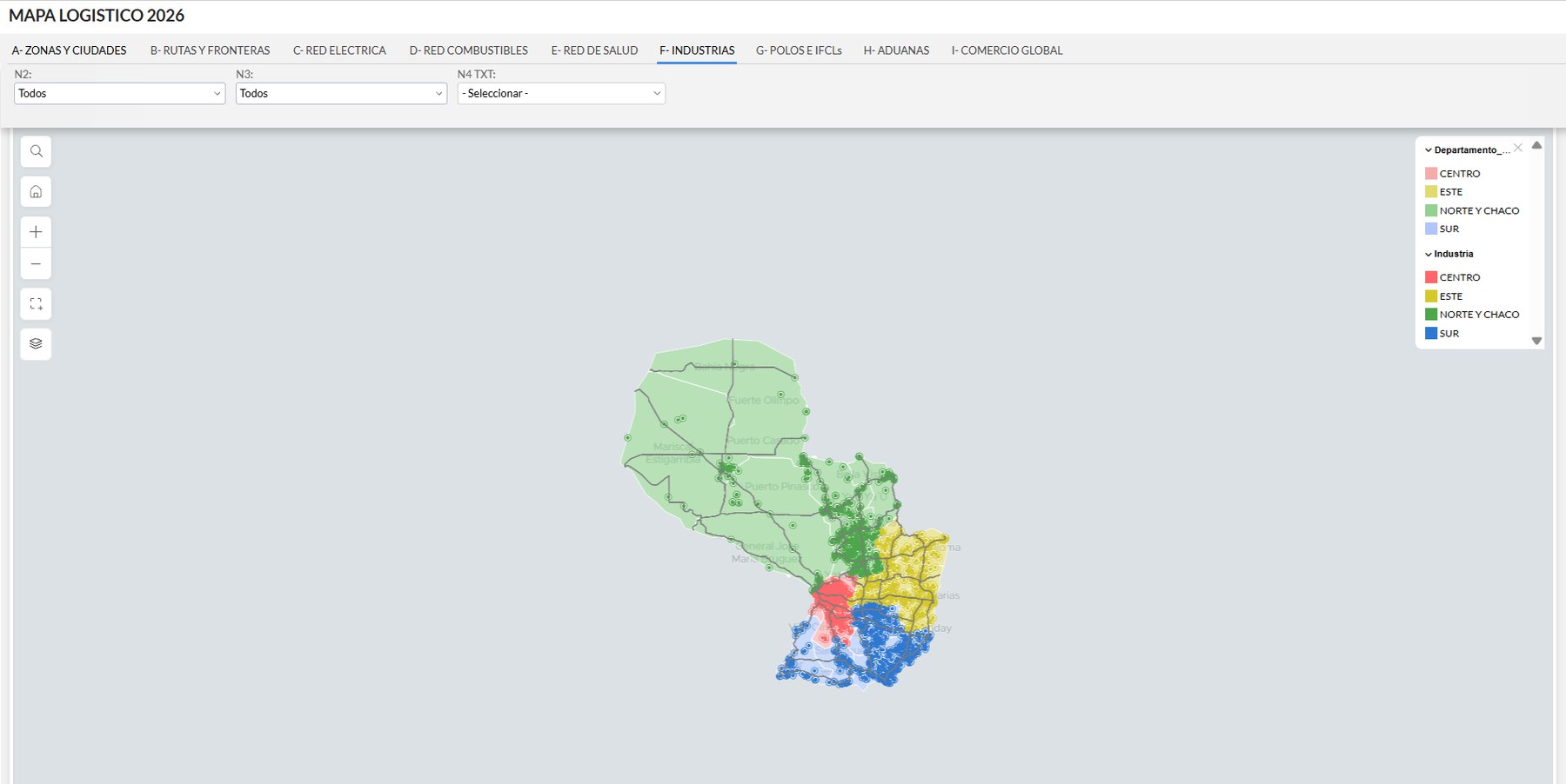 Tela do Mapa Logístico 2026 do MIC MAP: o mapa do Paraguai dividido em quatro cores por região, coberto de pontos que marcam indústrias, com abas de zonas, rotas, rede elétrica, combustíveis, saúde, indústrias, polos, aduanas e comércio global