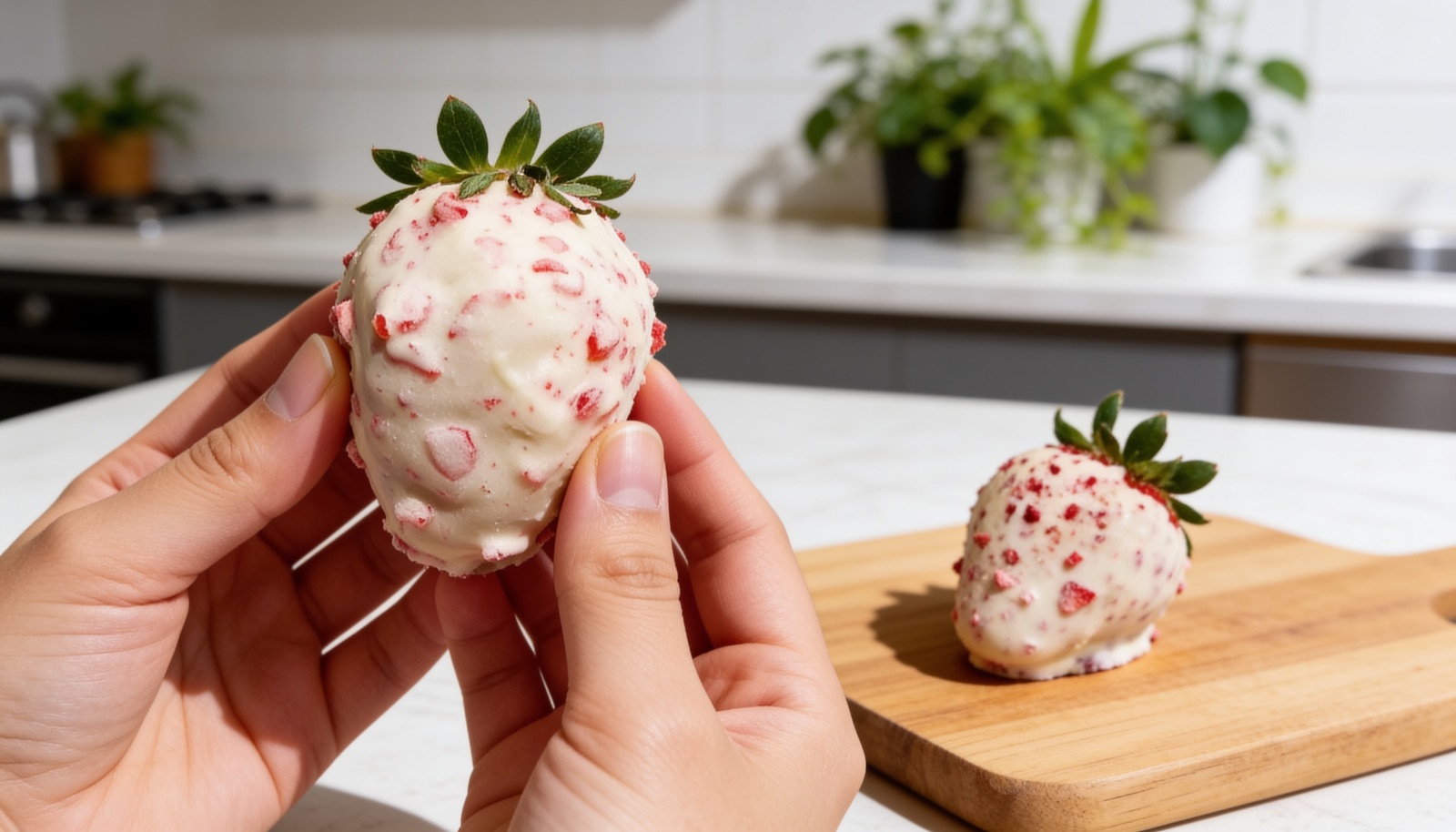 Mão segurando um morango coberto de chocolate branco com lascas de caramelo vermelho, e outro morango igual sobre uma tábua de madeira
