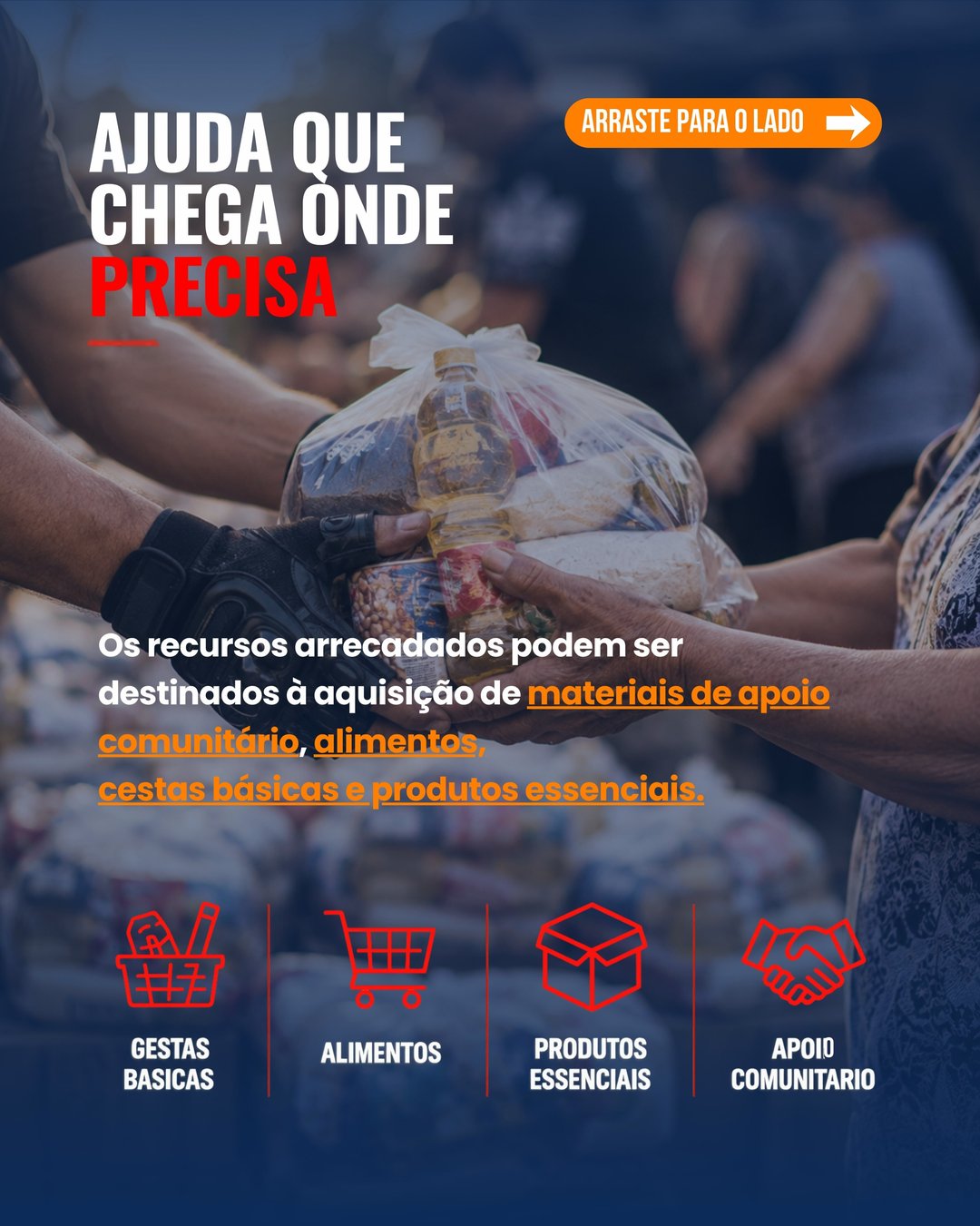 Arte azul do Renegados com mãos entregando uma sacola de alimentos e os ícones de cestas básicas, alimentos, produtos essenciais e apoio comunitário