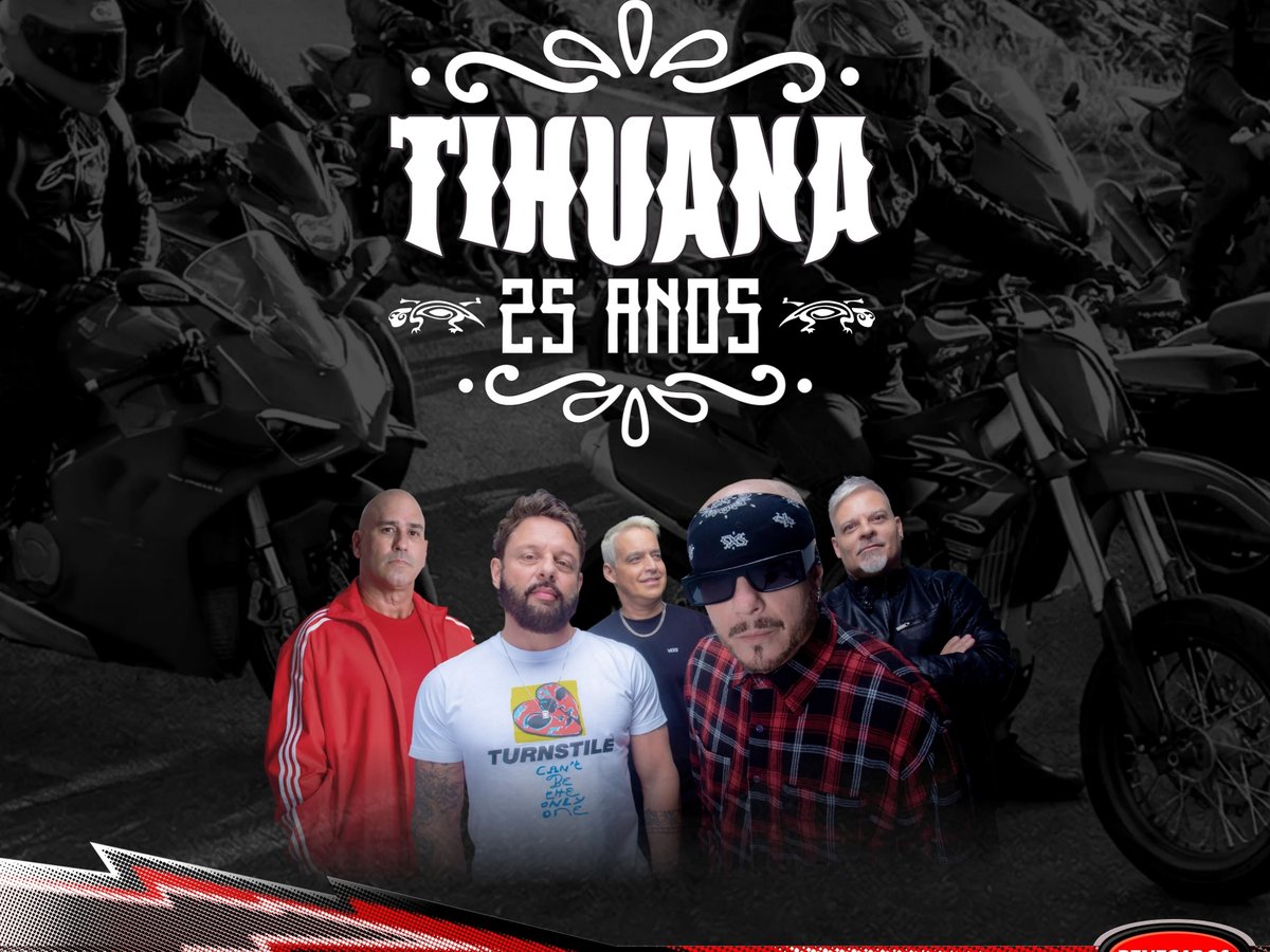 Arte do Motorcycle 2026 com os cinco integrantes da banda Tihuana à frente de motociclistas em preto e branco, sob o letreiro Tihuana 25 anos