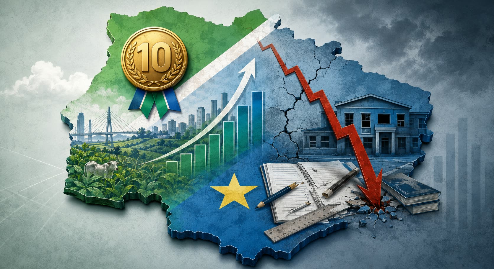 Ilustração do mapa de Mato Grosso do Sul dividido ao meio: de um lado uma medalha de ouro com o número 10, prédios, lavoura e gráfico em alta; do outro um prédio rachado, gráfico em queda e material escolar quebrado.
