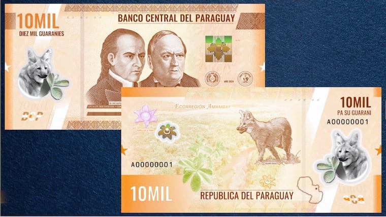 Frente e verso da nota de ₲ 10 mil em tons de laranja: na frente, os retratos de Carlos Antonio López e José Gaspar Rodríguez de Francia e um aguará guasú; no verso, a ecorregião Amambay com o aguará guasú em meio ao campo e plantas da região
