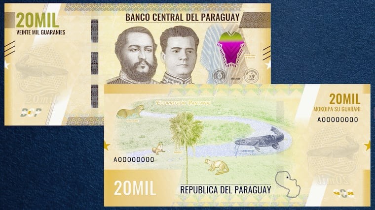 Frente e verso da nota de ₲ 20 mil em tons de amarelo: na frente, os retratos de Francisco Solano López e José Félix Estigarribia ao lado de um poncho colorido; no verso, a ecorregião Pantanal com uma palmeira, uma ariranha e um surubi
