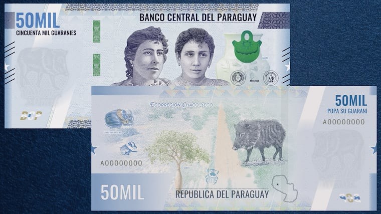 Frente e verso da nota de ₲ 50 mil em tons de azul: na frente, os retratos de Adela e Celsa Speratti ao lado de uma peça de cerâmica verde; no verso, a ecorregião Chaco Seco com um taguá, uma árvore e escaravelhos