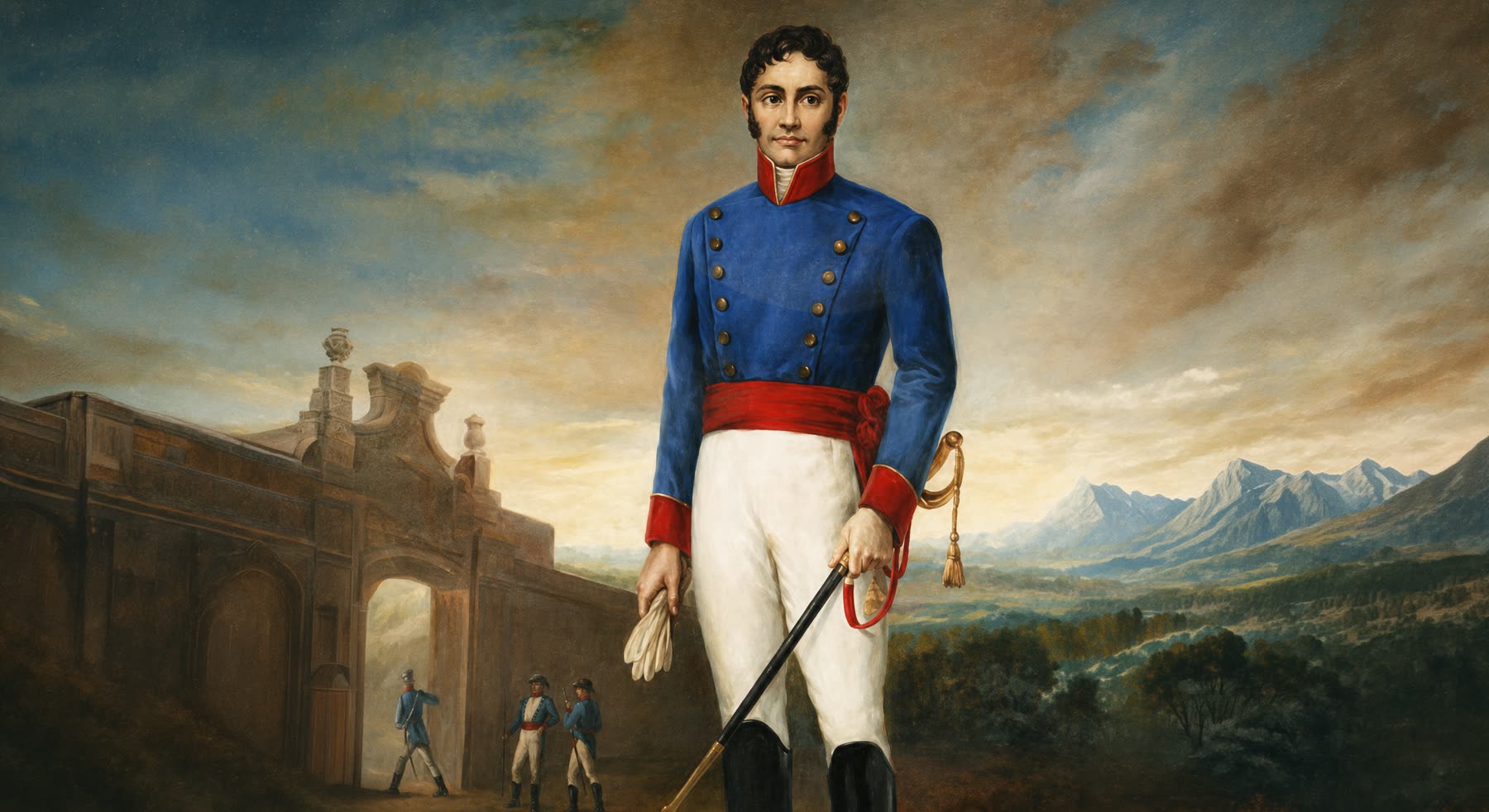 Retrato pintado del prócer Pedro Juan Caballero, con uniforme azul y faja roja, frente a un portal colonial