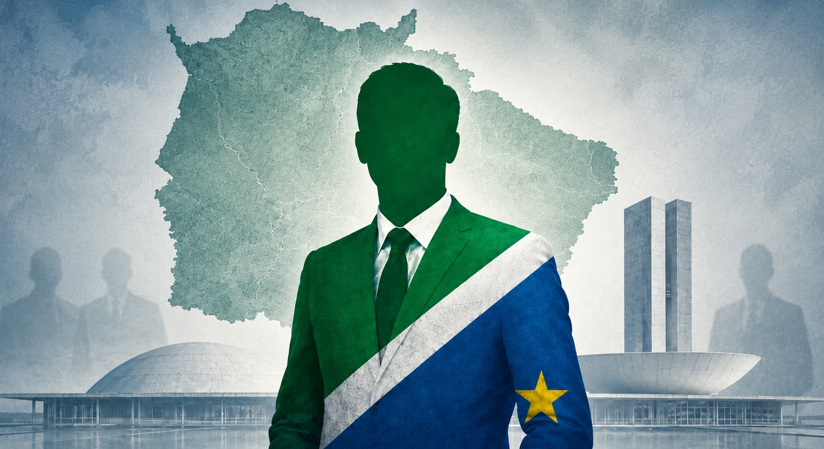Ilustração: silhueta sem rosto de um senador com terno nas cores da bandeira de Mato Grosso do Sul, o mapa do estado ao fundo e o Congresso Nacional ao longe.