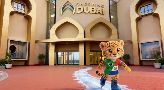 Mascote onça patinando no gelo em frente à entrada do Shopping Dubai