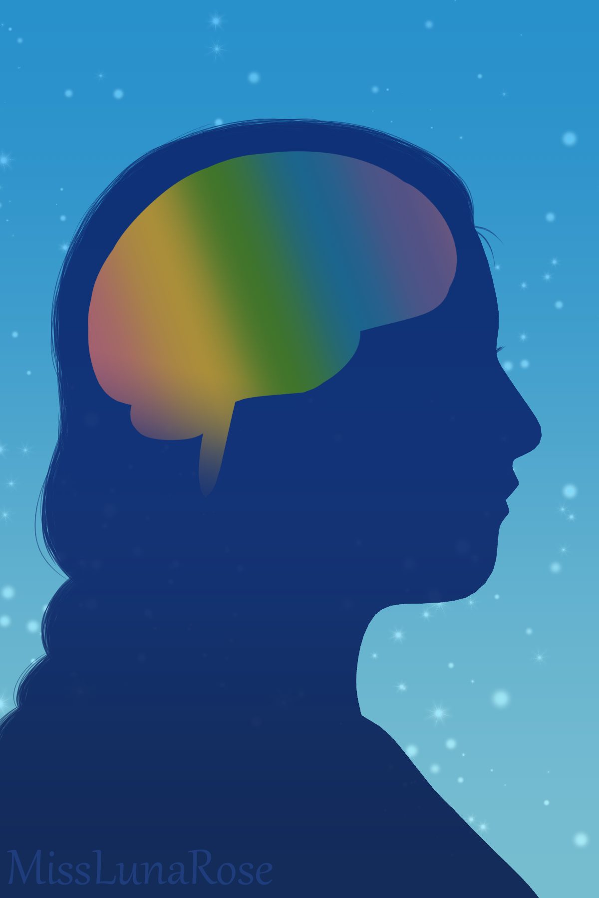 Ilustração da silhueta de uma pessoa de perfil com o cérebro pintado em faixas coloridas sobre fundo azul