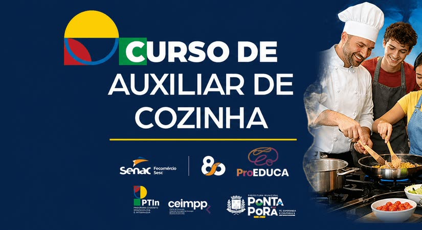 Arte do curso de auxiliar de cozinha da ProEDUCA, com um chef e alunos em volta de um fogão