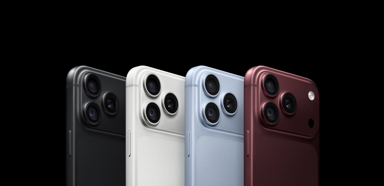Quatro unidades do iPhone 18 Pro vistas de costas, lado a lado, nas cores preta, branca, azul-clara e vinho, com o módulo de câmeras em destaque
