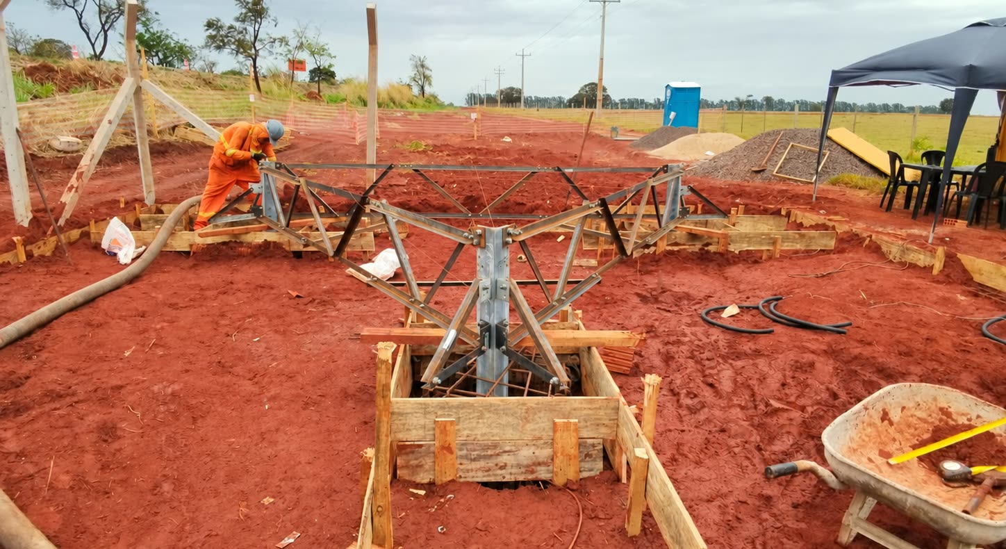 Un obrero con uniforme naranja monta la estructura metálica de una torre de telefonía en un obrador junto a una carretera, con tierra roja expuesta alrededor