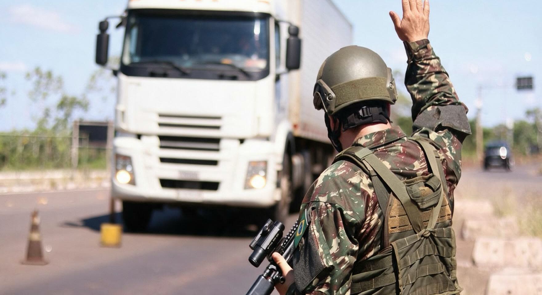 Militar de farda camuflada ergue a mão para parar um caminhão em rodovia