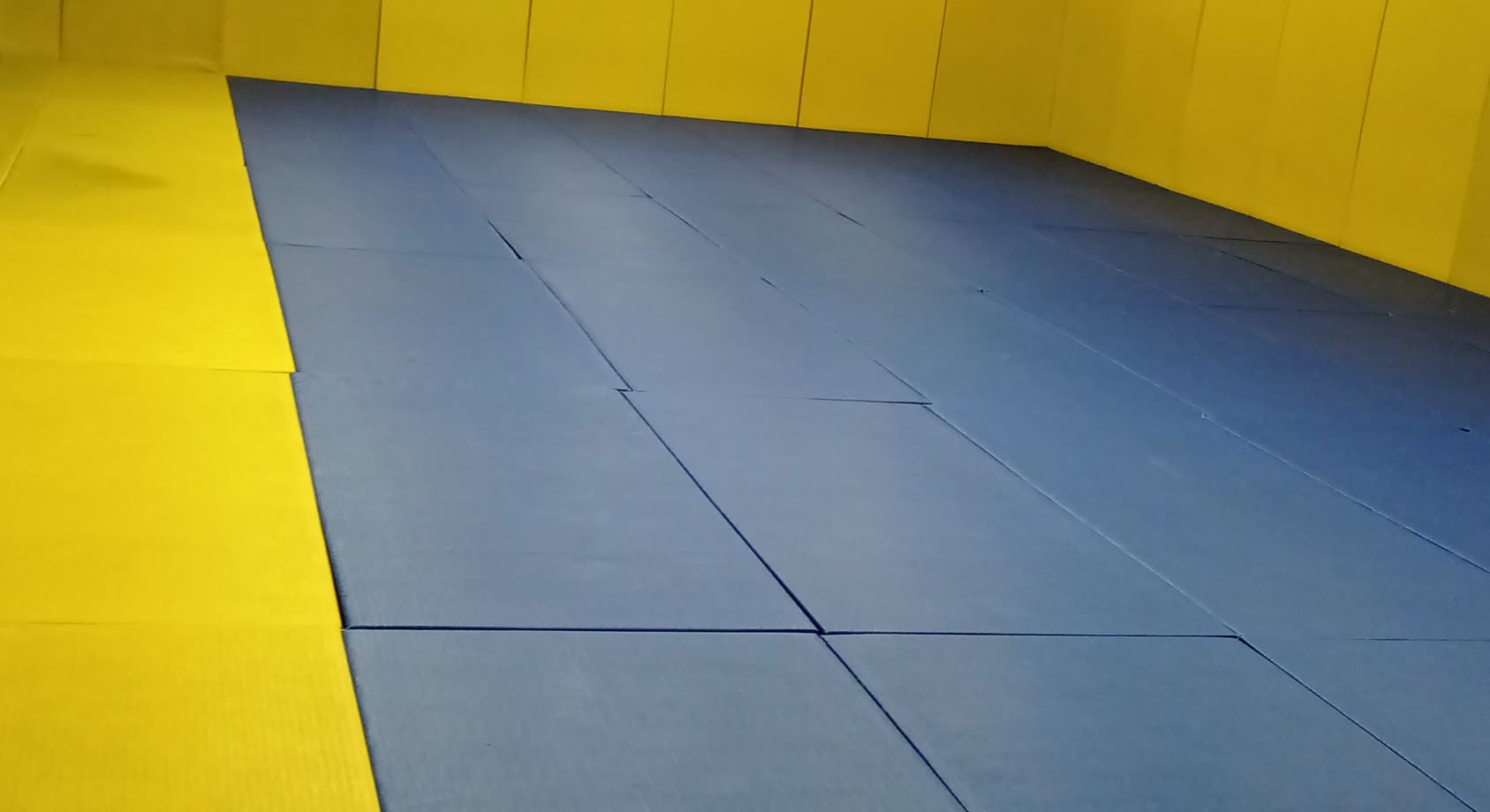 Tatami azul vacío junto a una pared forrada con protección amarilla