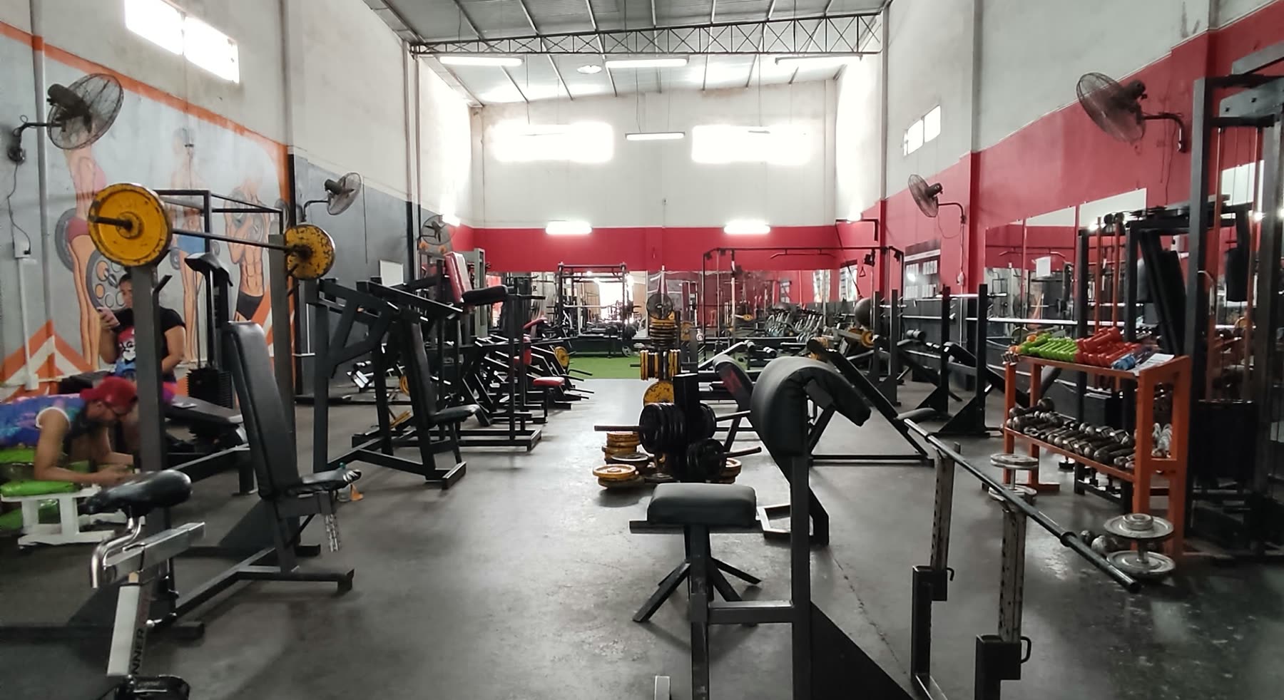 Galpón de gimnasio con paredes rojas, ventiladores en la pared y filas de aparatos y barras